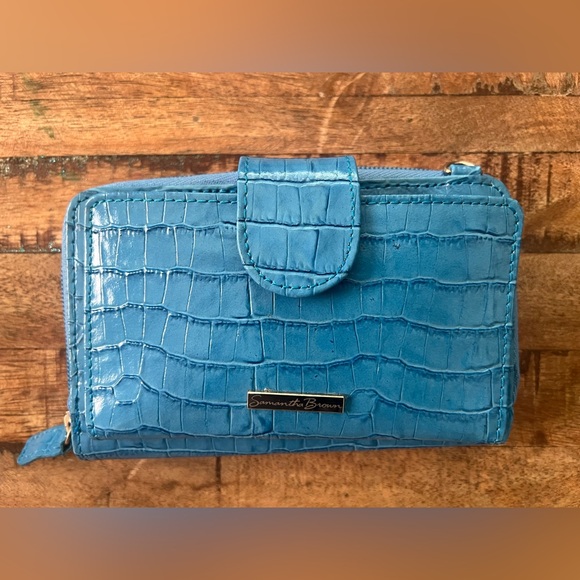 FREE Samantha HSN Travel Wallet/Cross Body Turquoise Blue Faux Croco RFID Block - Picture 10 of 10